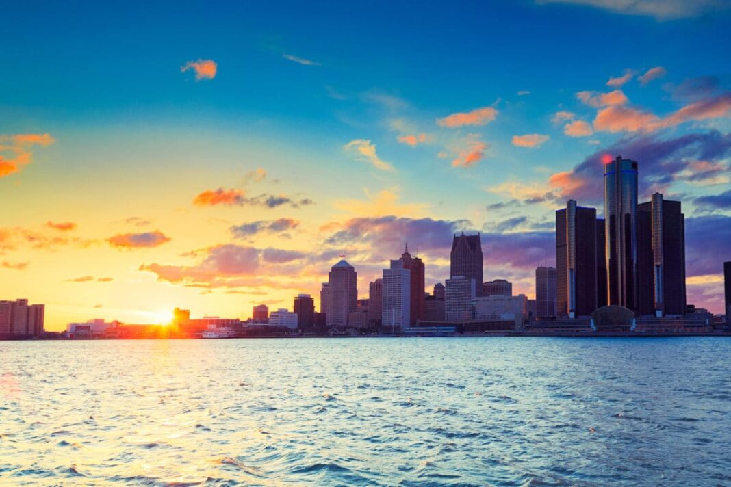 Detroit skyline at sunset