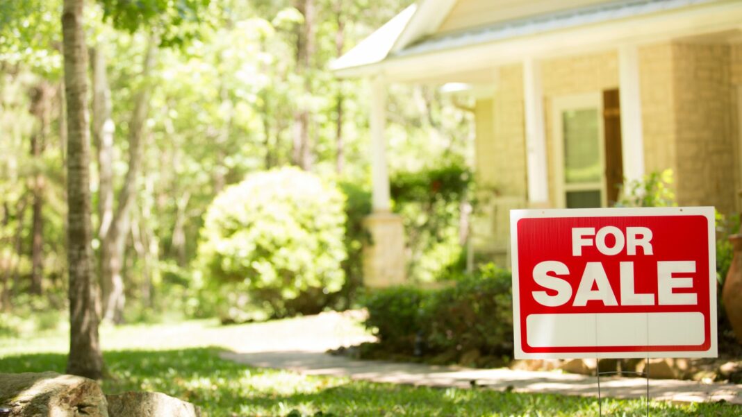 Home for sale with real estate sign in spring or summer season.
