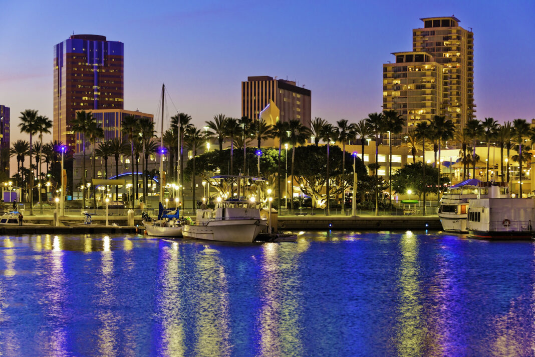 Long Beach California skyline, waterfront, marina