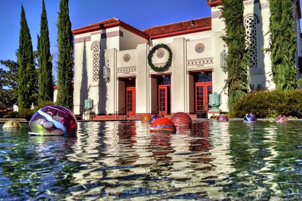 pond and performance center in background