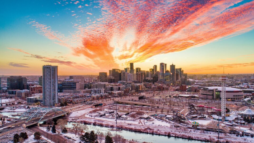 Denver, Colorado, USA Downtown Skyline Drone Aerial.


