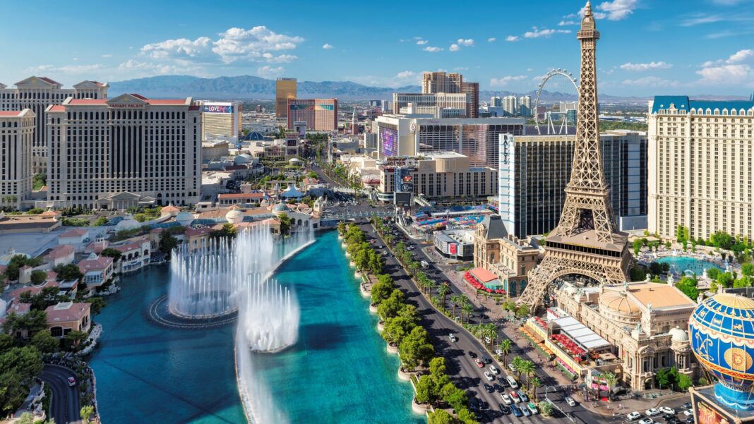 The famous Las Vegas Strip with the Bellagio Fountain Show.
