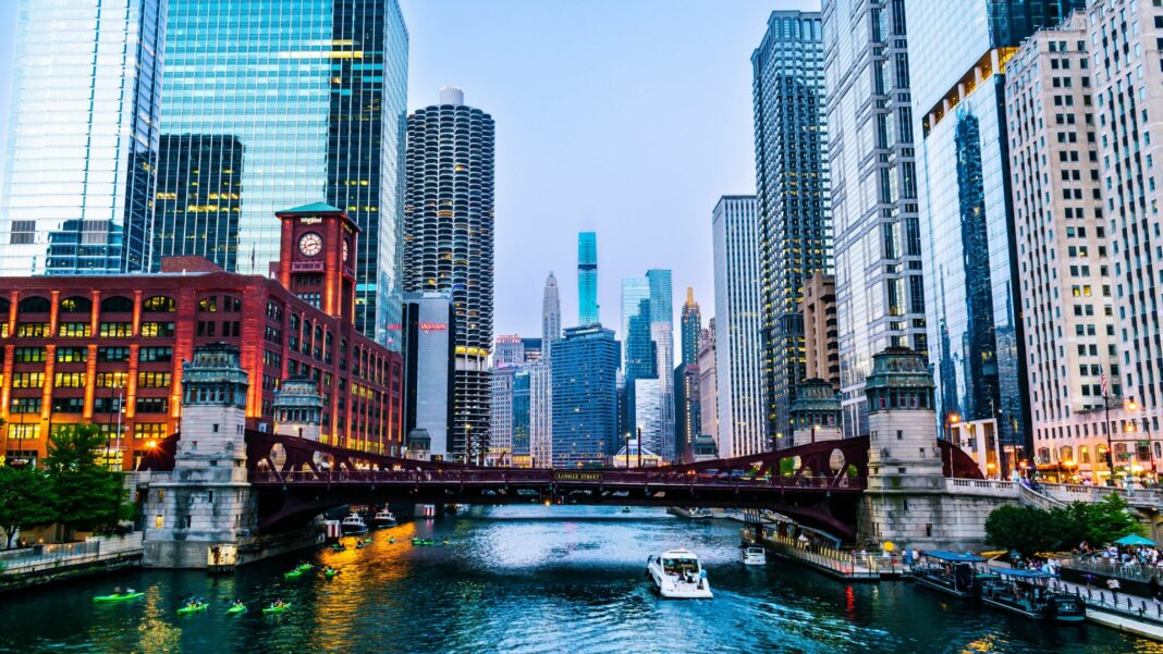 Chicago Riverwalk and Skyscrapers