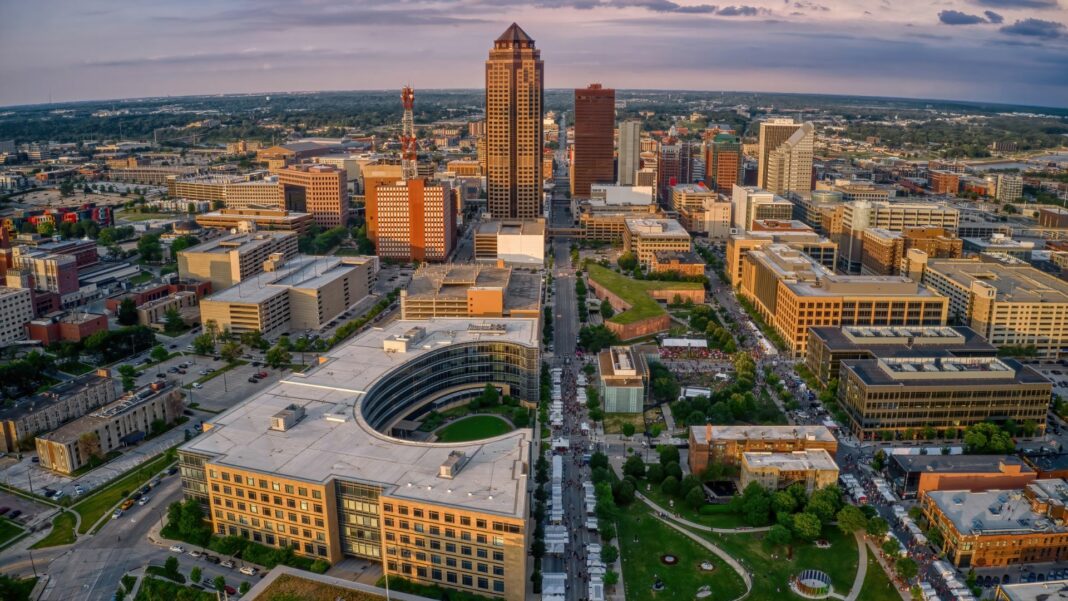 Aerial View of the Des Moine, Iowa Skyline facing West
