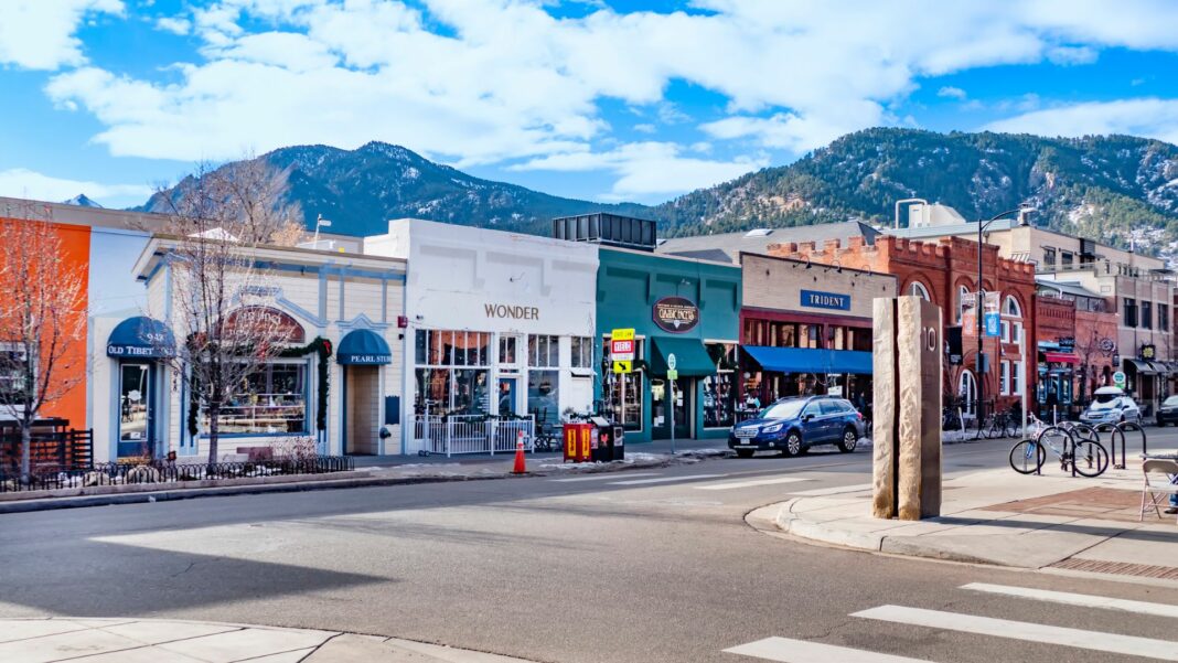 View of the Pearl Street Mall, a landmark pedestrian area in downtown Boulder, Colorado, in the Rocky Mountains.
